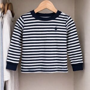 Ralph Lauren Baby Navy White Striped Long Sleeve Shirt | Size 6M | Classic Pony